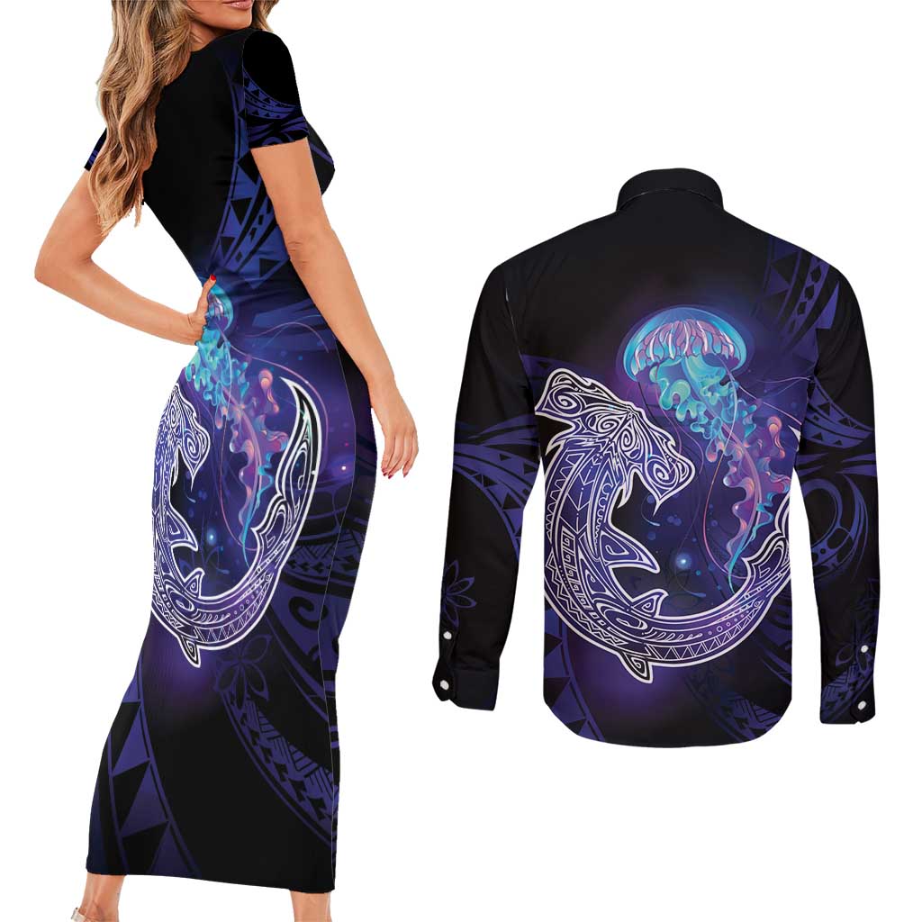 Polynesian Aumakua Couples Matching Short Sleeve Bodycon Dress and Long Sleeve Button Shirt Jellyfish with Shark - Polynesian Pride