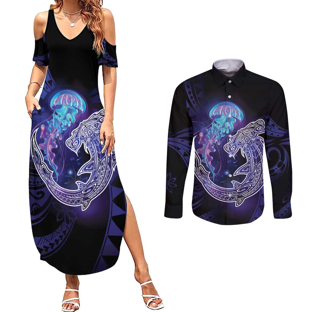Polynesian Aumakua Couples Matching Summer Maxi Dress and Long Sleeve Button Shirt Jellyfish with Shark - Polynesian Pride