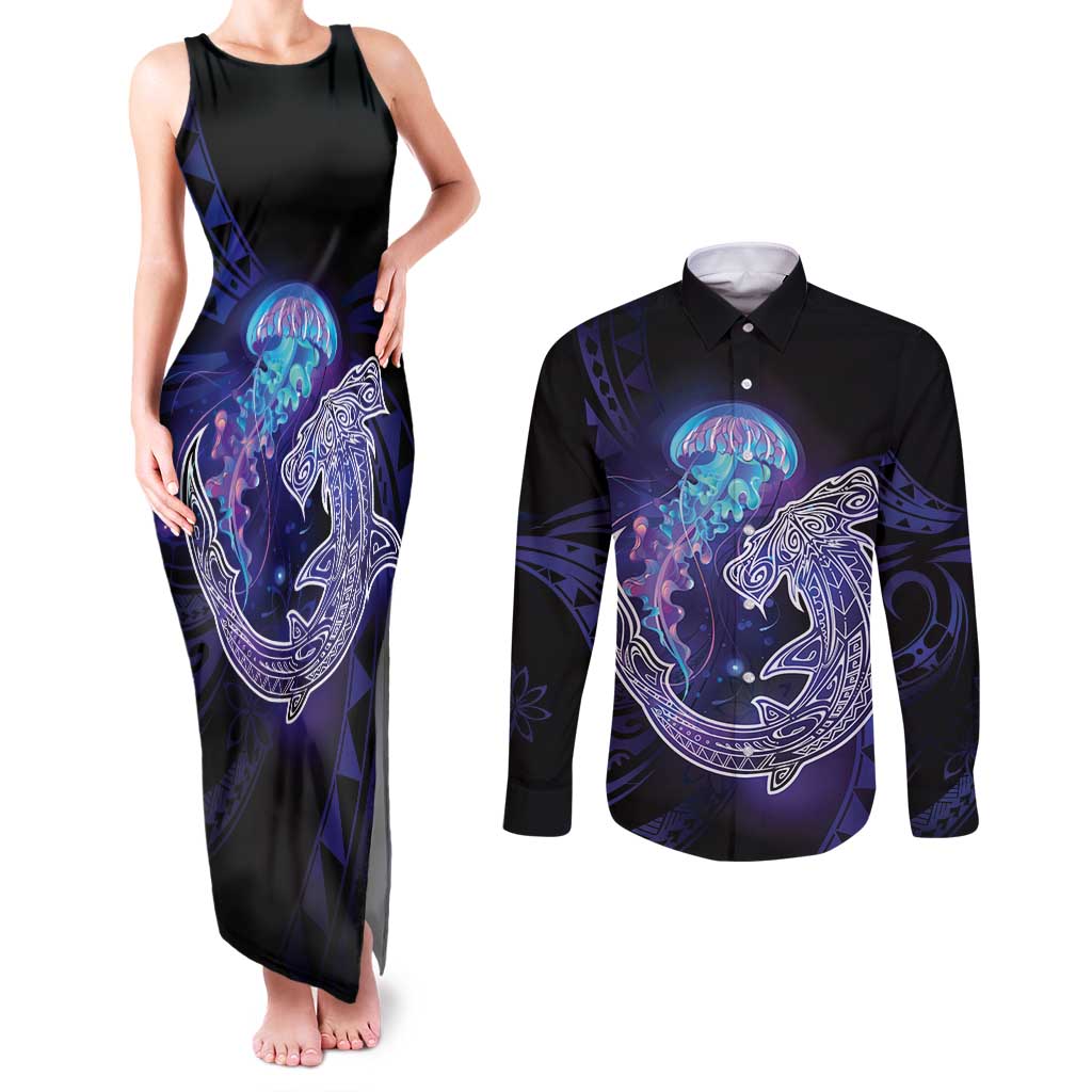 Polynesian Aumakua Couples Matching Tank Maxi Dress and Long Sleeve Button Shirt Jellyfish with Shark - Polynesian Pride