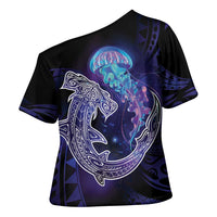 Polynesian Aumakua Cross Shoulder Shirt Jellyfish with Shark - Polynesian Pride