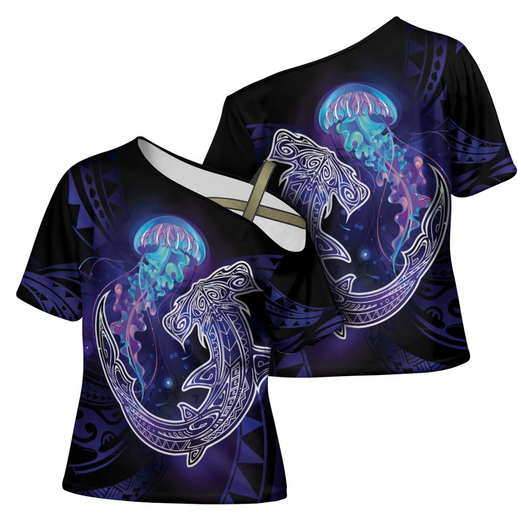 Polynesian Aumakua Cross Shoulder Shirt Jellyfish with Shark - Polynesian Pride