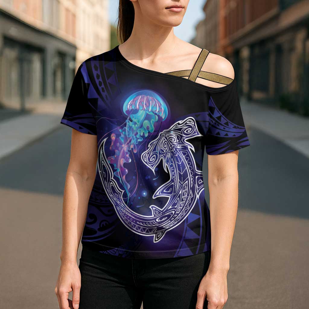 Polynesian Aumakua Cross Shoulder Shirt Jellyfish with Shark - Polynesian Pride
