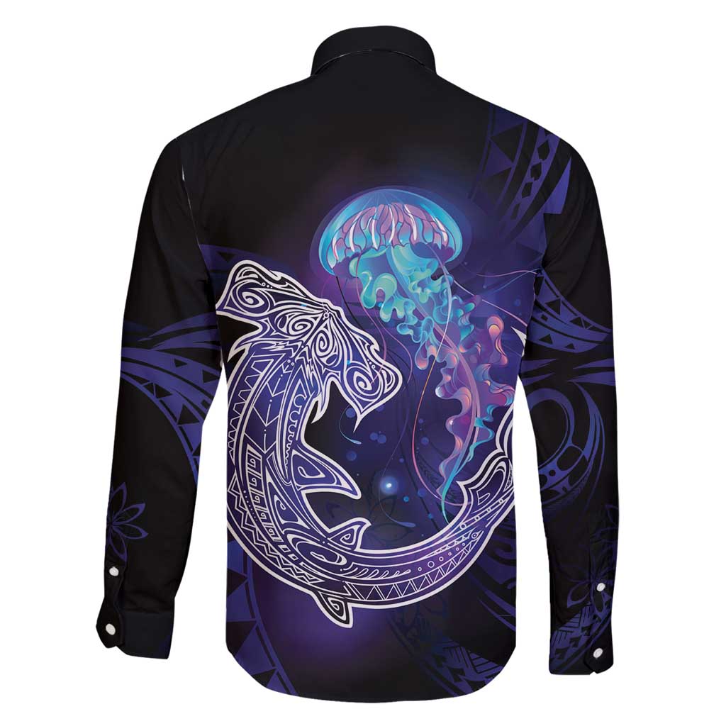 Polynesian Aumakua Family Matching Long Sleeve Bodycon Dress and Hawaiian Shirt Jellyfish with Shark LT7 - Polynesian Pride