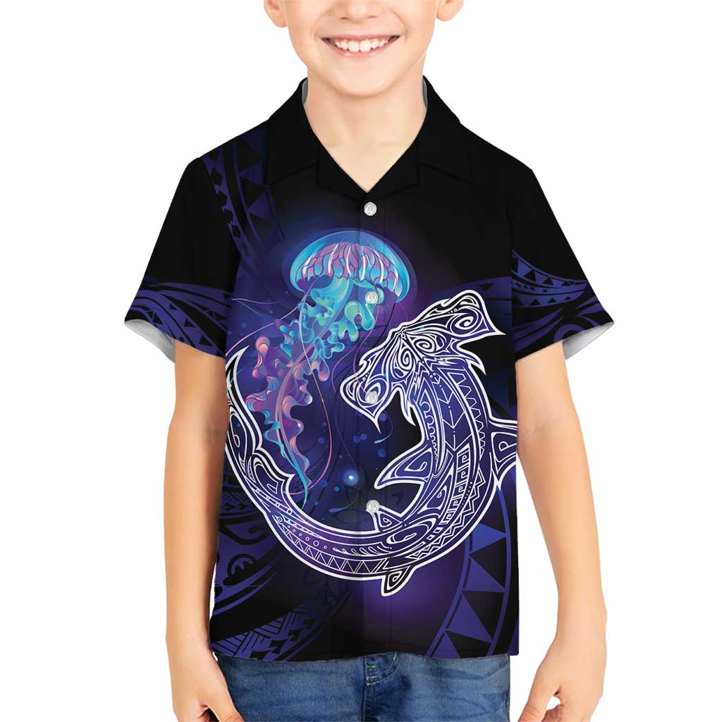 Polynesian Aumakua Family Matching Long Sleeve Bodycon Dress and Hawaiian Shirt Jellyfish with Shark LT7 Son's Shirt Teal Purple - Polynesian Pride
