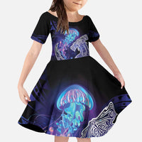 Polynesian Aumakua Family Matching Off The Shoulder Long Sleeve Dress and Hawaiian Shirt Jellyfish with Shark - Polynesian Pride