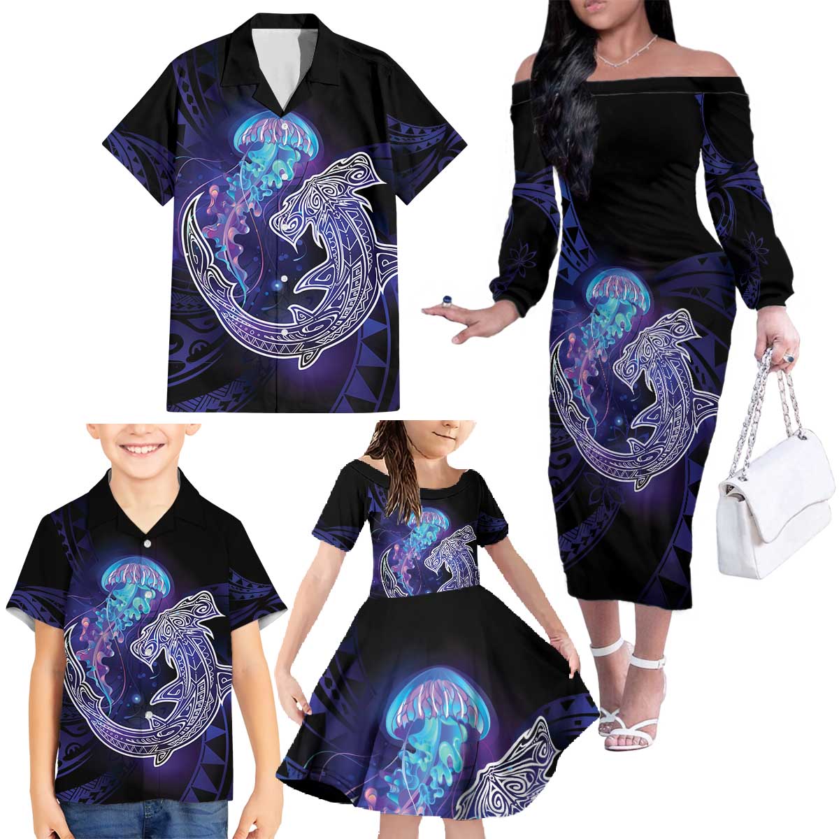 Polynesian Aumakua Family Matching Off The Shoulder Long Sleeve Dress and Hawaiian Shirt Jellyfish with Shark - Polynesian Pride