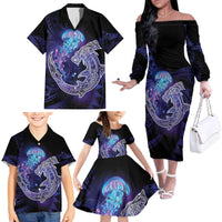 Polynesian Aumakua Family Matching Off The Shoulder Long Sleeve Dress and Hawaiian Shirt Jellyfish with Shark - Polynesian Pride