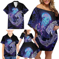 Polynesian Aumakua Family Matching Off Shoulder Short Dress and Hawaiian Shirt Jellyfish with Shark - Polynesian Pride