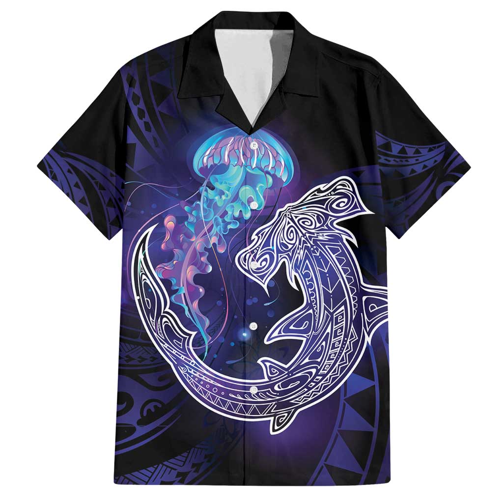 Polynesian Aumakua Family Matching Puletasi and Hawaiian Shirt Jellyfish with Shark LT7 Dad's Shirt - Short Sleeve Teal Purple - Polynesian Pride