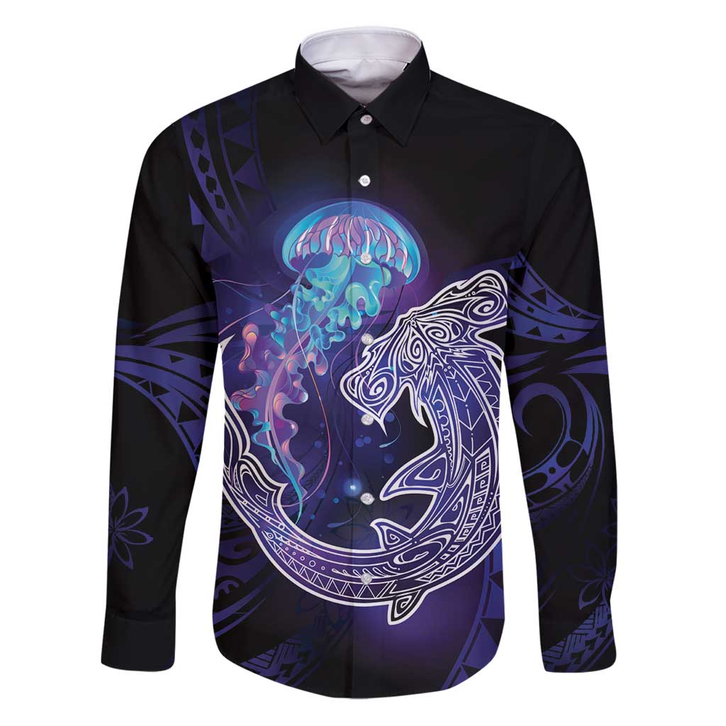 Polynesian Aumakua Family Matching Puletasi and Hawaiian Shirt Jellyfish with Shark LT7 Dad's Shirt - Long Sleeve Teal Purple - Polynesian Pride