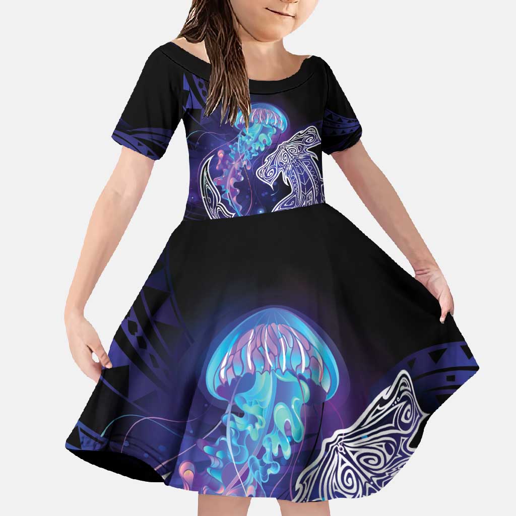 Polynesian Aumakua Family Matching Short Sleeve Bodycon Dress and Hawaiian Shirt Jellyfish with Shark LT7 Daughter's Dress Teal Purple - Polynesian Pride