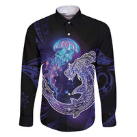 Polynesian Aumakua Family Matching Short Sleeve Bodycon Dress and Hawaiian Shirt Jellyfish with Shark LT7 Dad's Shirt - Long Sleeve Teal Purple - Polynesian Pride