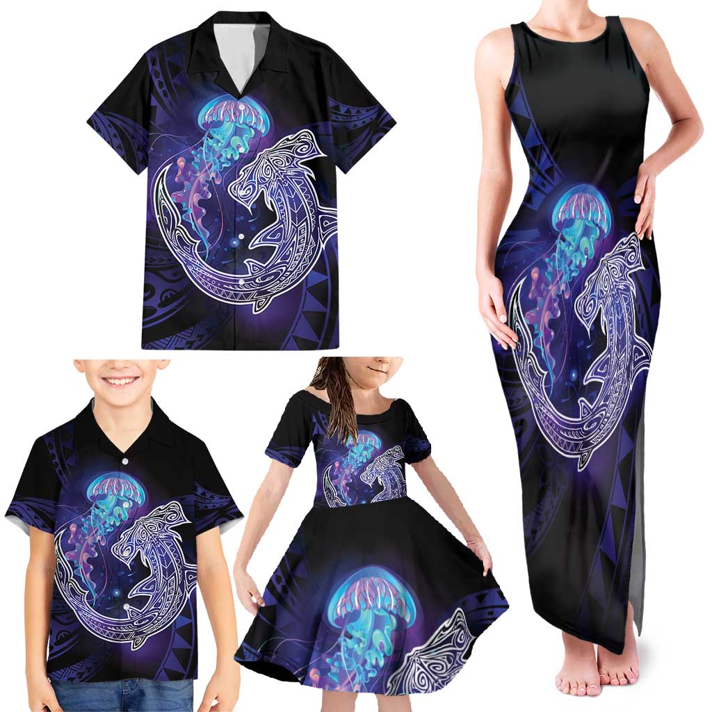 Polynesian Aumakua Family Matching Tank Maxi Dress and Hawaiian Shirt Jellyfish with Shark - Polynesian Pride