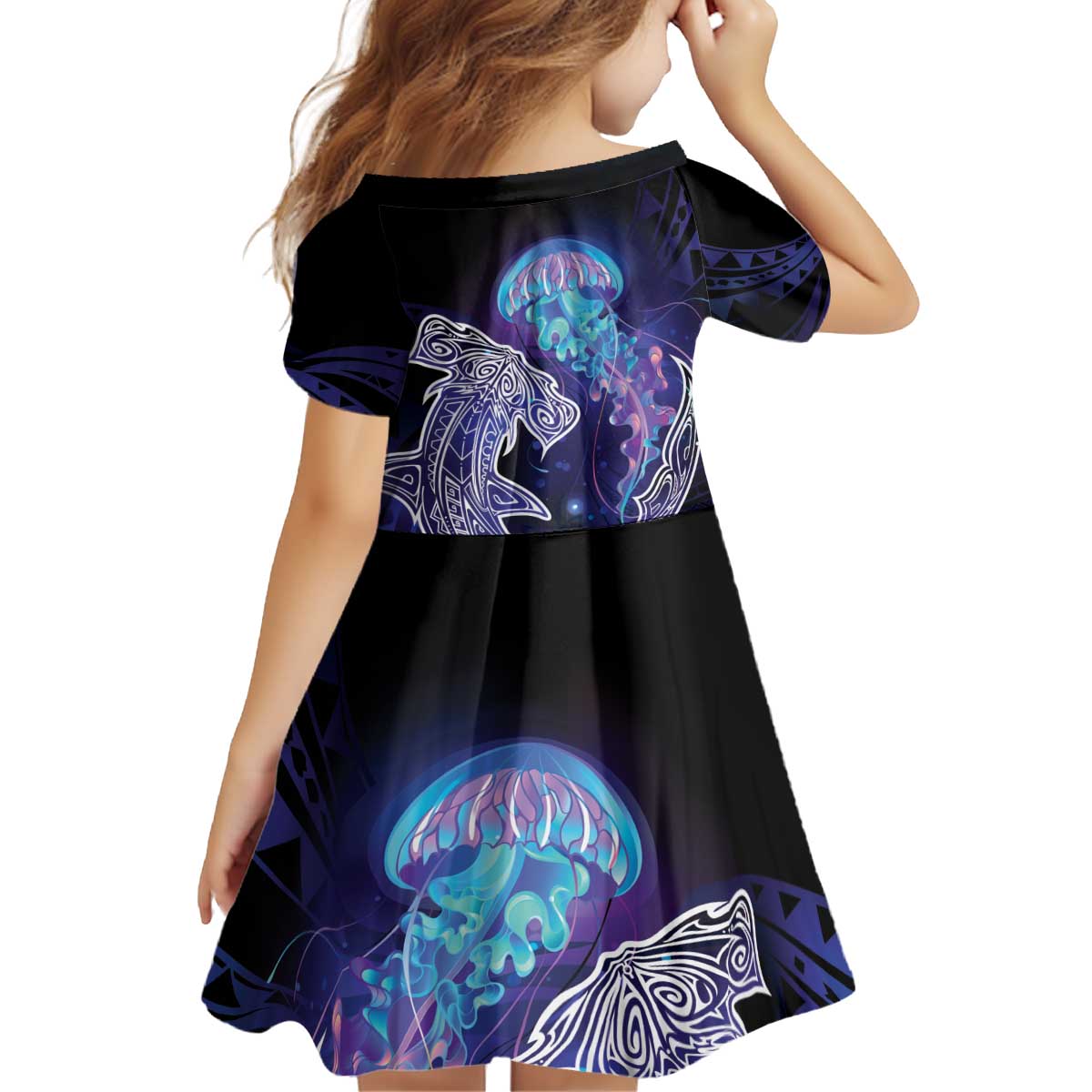Polynesian Aumakua Kid Short Sleeve Dress Jellyfish with Shark - Polynesian Pride