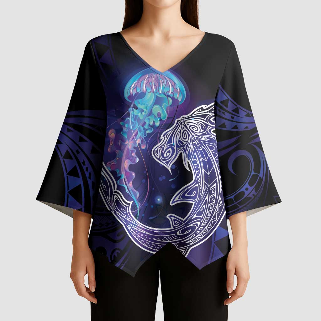 Polynesian Aumakua Kimono Sleeve Blouse Jellyfish with Shark - Polynesian Pride