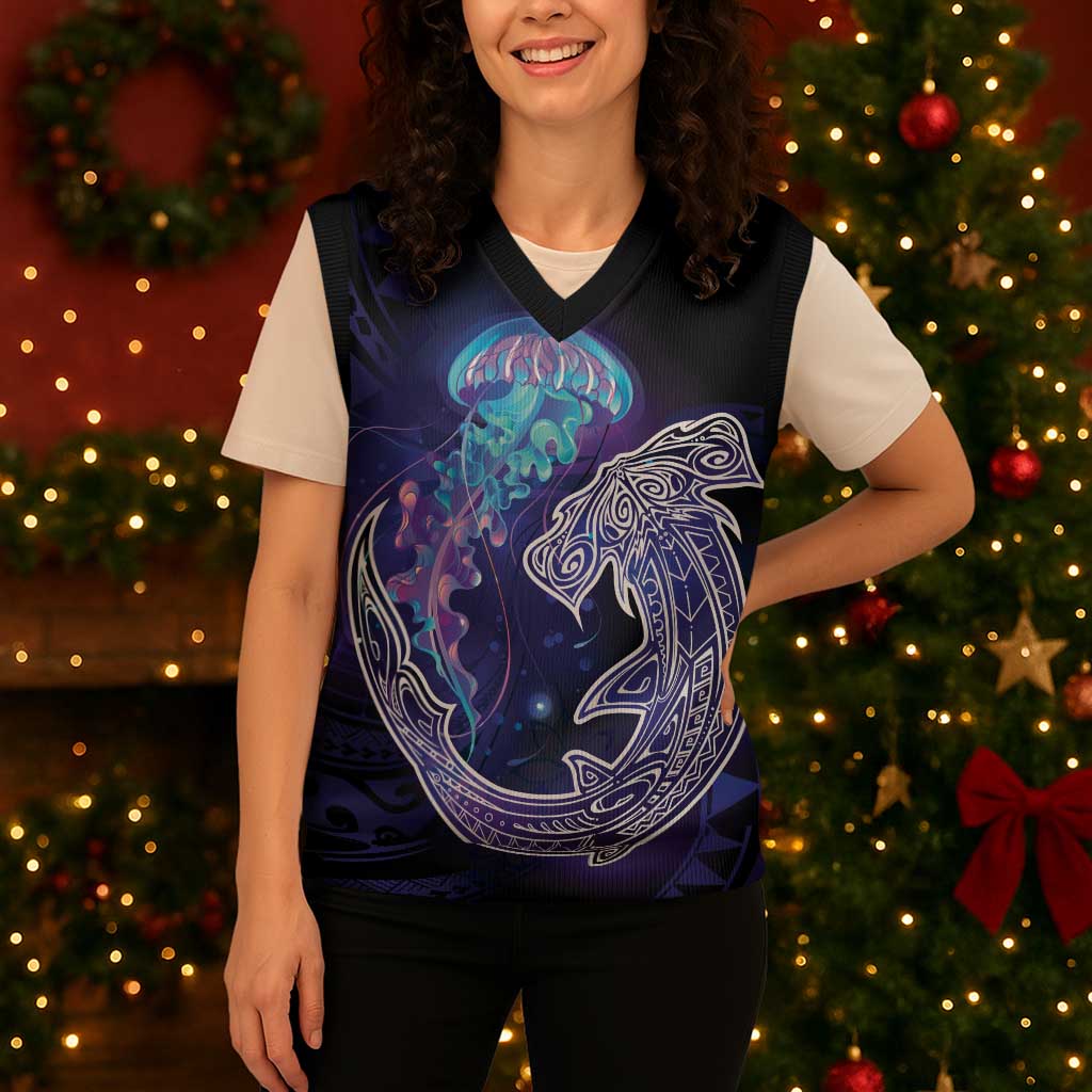 Polynesian Aumakua Christmas Knitted V-Neck Vest Jellyfish with Shark - Polynesian Pride