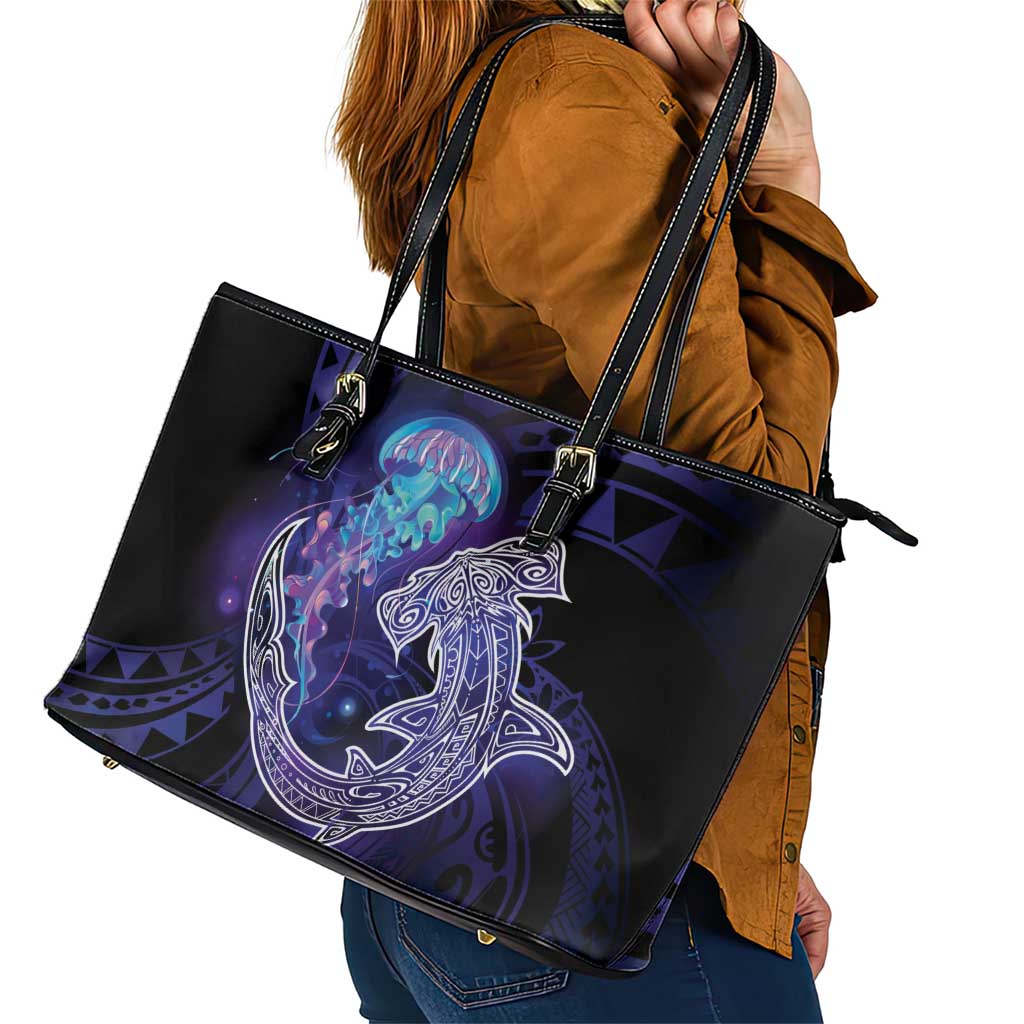 Polynesian Aumakua Leather Tote Bag Jellyfish with Shark - Polynesian Pride