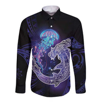 Polynesian Aumakua Long Sleeve Button Shirt Jellyfish with Shark - Polynesian Pride