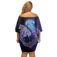 Polynesian Aumakua Off Shoulder Short Dress Jellyfish with Shark - Polynesian Pride