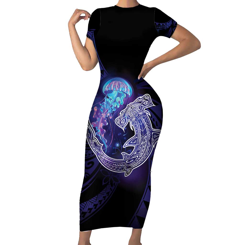 Polynesian Aumakua Short Sleeve Bodycon Dress Jellyfish with Shark - Polynesian Pride