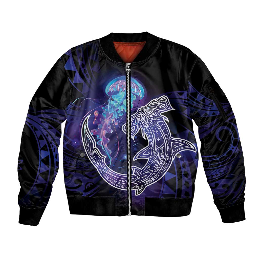 Polynesian Aumakua Sleeve Zip Bomber Jacket Jellyfish with Shark - Polynesian Pride