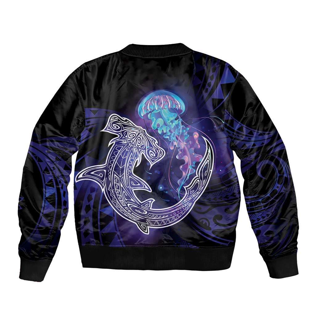 Polynesian Aumakua Sleeve Zip Bomber Jacket Jellyfish with Shark - Polynesian Pride