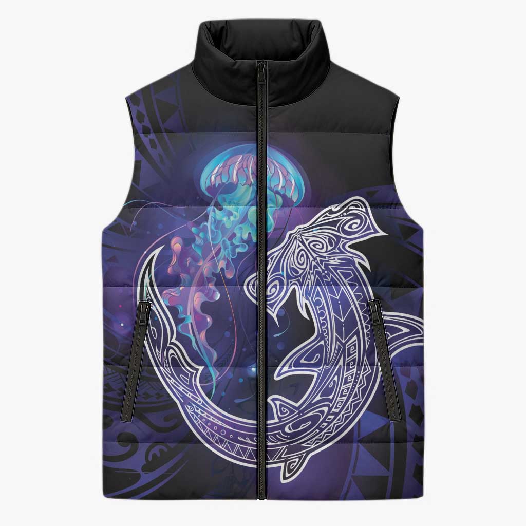 Polynesian Aumakua Sleeveless Puffer Jacket Jellyfish with Shark - Polynesian Pride