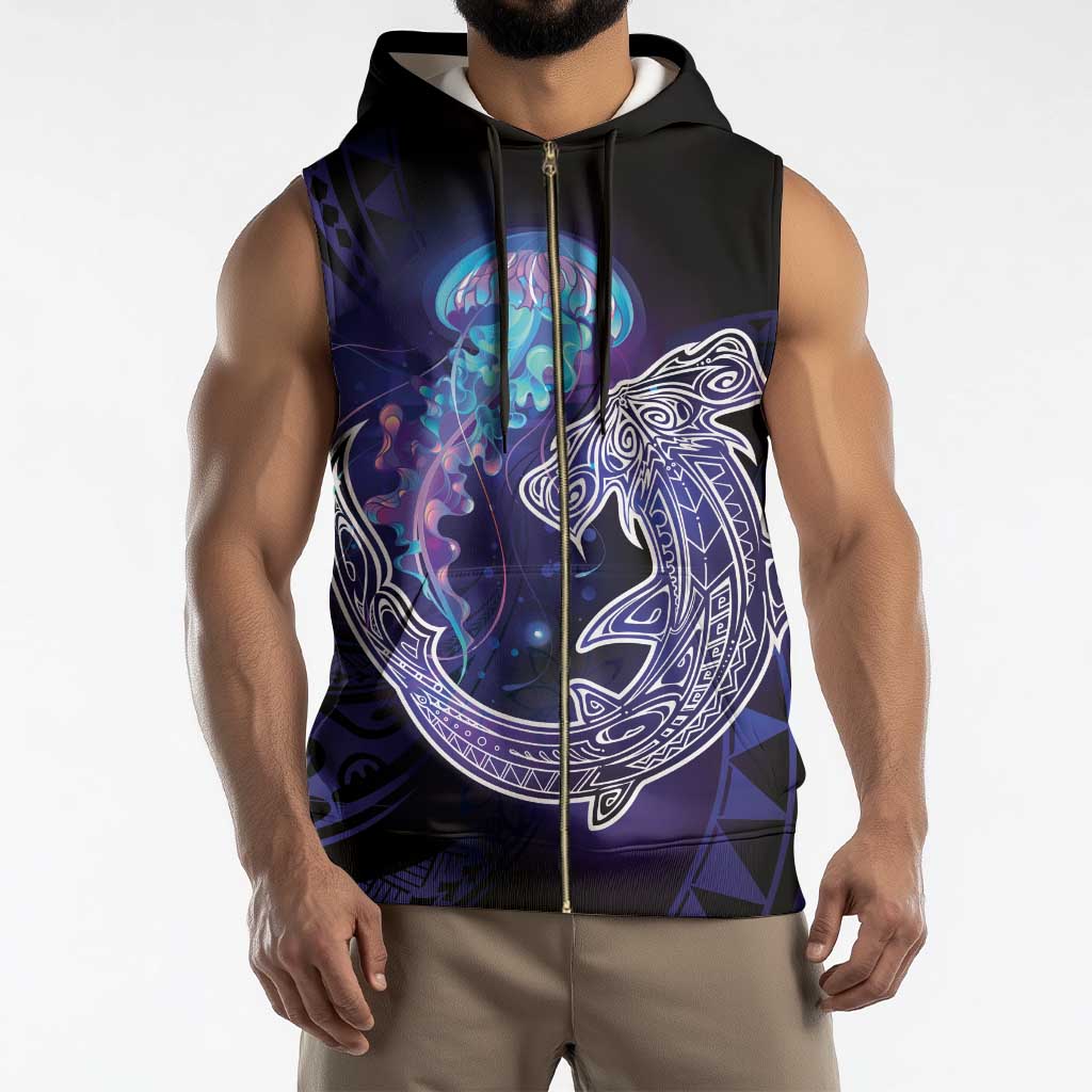 Polynesian Aumakua Sleeveless Zip Hoodie Jellyfish with Shark - Polynesian Pride