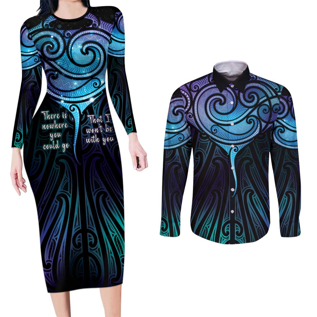 Aotearoa Maori Te Whai Rahi Couples Matching Long Sleeve Bodycon Dress and Long Sleeve Button Shirt Tala - Nowhere You Could Go That I Won't Be With You - Polynesian Pride