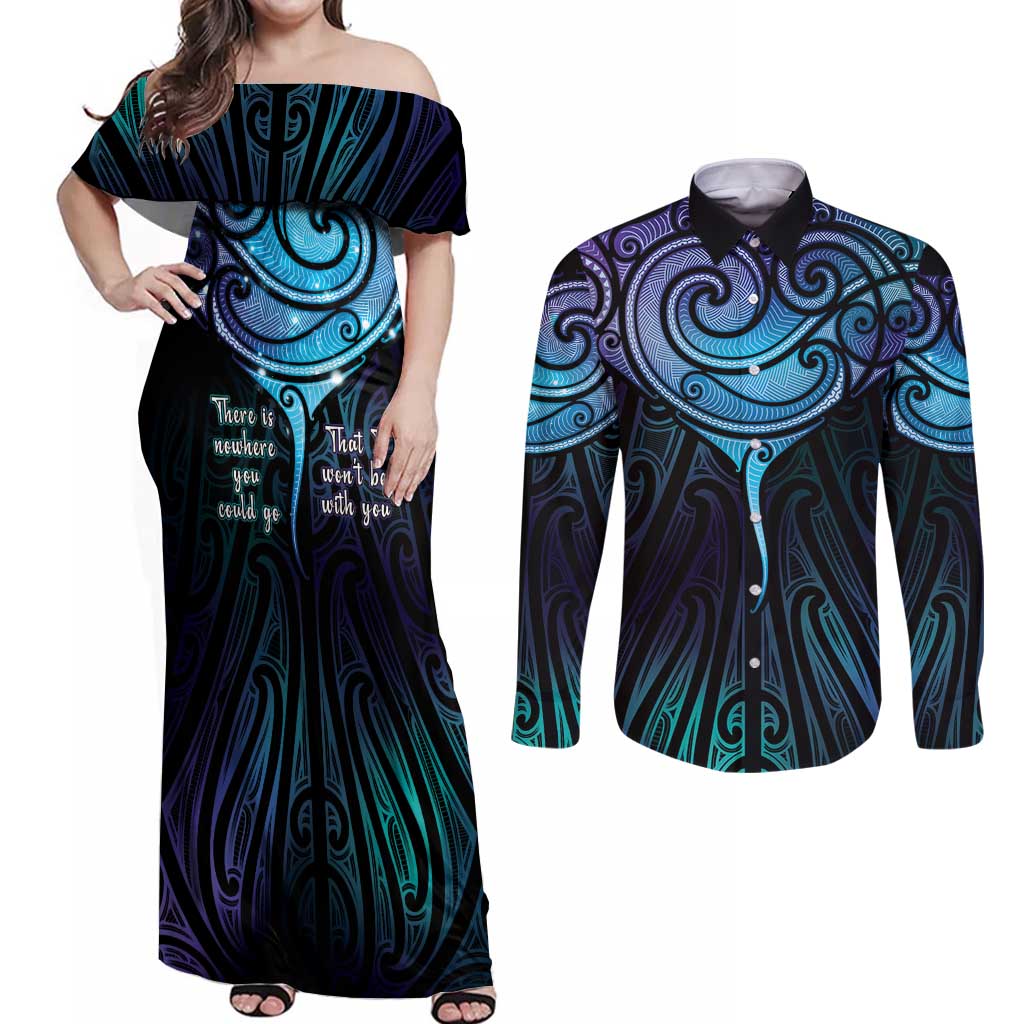 Aotearoa Maori Te Whai Rahi Couples Matching Off Shoulder Maxi Dress and Long Sleeve Button Shirt Tala - Nowhere You Could Go That I Won't Be With You - Polynesian Pride