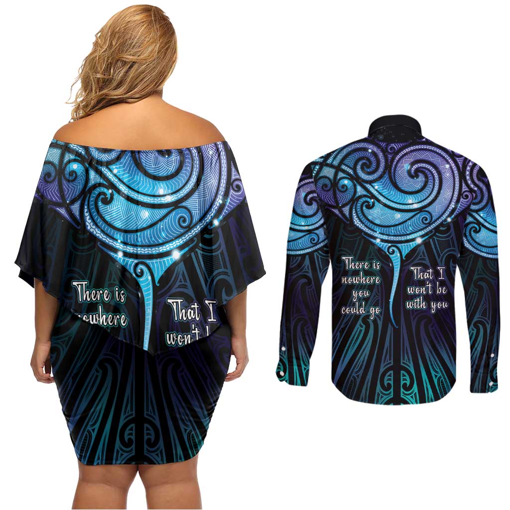 Aotearoa Maori Te Whai Rahi Couples Matching Off Shoulder Short Dress and Long Sleeve Button Shirt Tala - Nowhere You Could Go That I Won't Be With You - Polynesian Pride