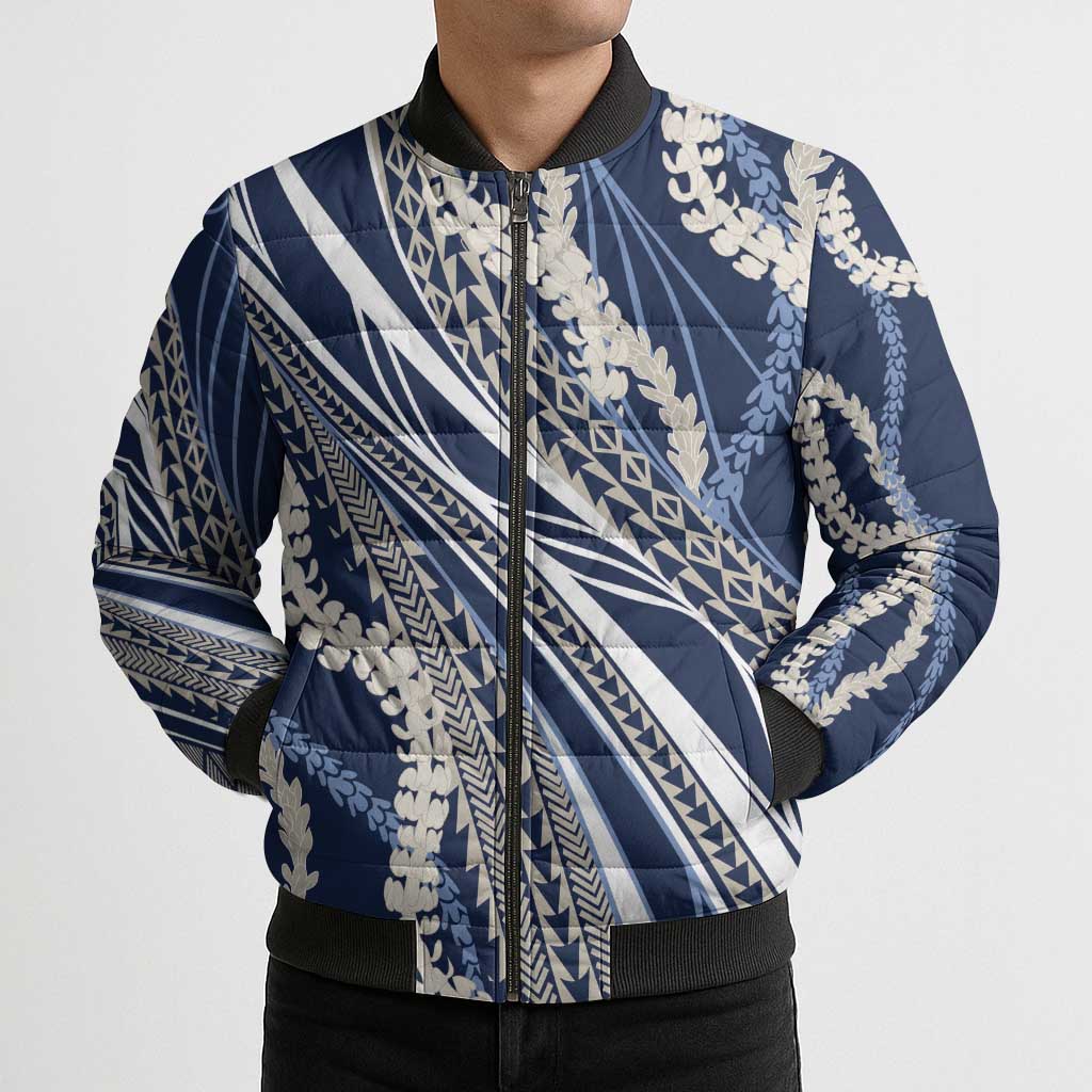 Polynesian Puakeniken Pikake Twisted Lei Bomber Puffer Jacket Navy Blue - Polynesian Pride