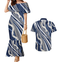 Polynesian Puakeniken Pikake Twisted Lei Couples Matching Mermaid Dress and Hawaiian Shirt Navy Blue - Polynesian Pride