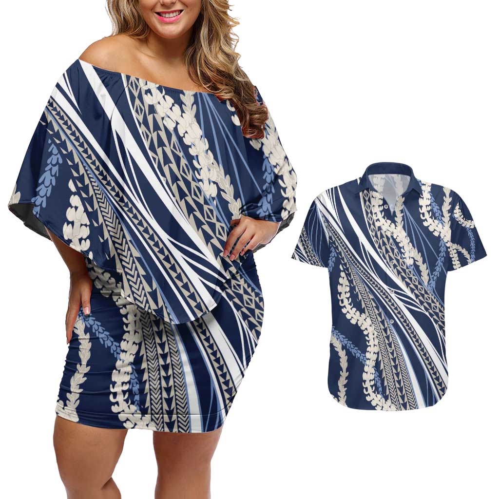 Polynesian Puakeniken Pikake Twisted Lei Couples Matching Off Shoulder Short Dress and Hawaiian Shirt Navy Blue - Polynesian Pride