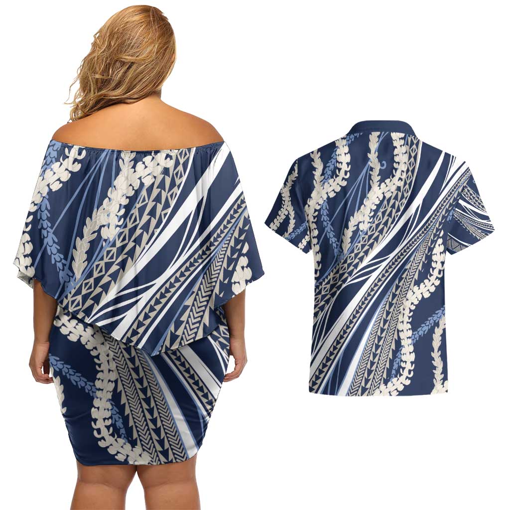 Polynesian Puakeniken Pikake Twisted Lei Couples Matching Off Shoulder Short Dress and Hawaiian Shirt Navy Blue - Polynesian Pride