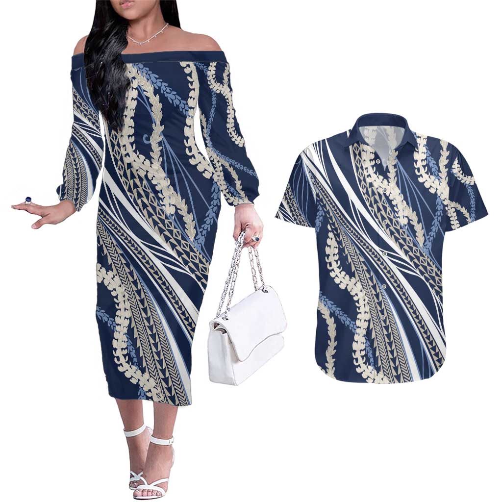 Polynesian Puakeniken Pikake Twisted Lei Couples Matching Off The Shoulder Long Sleeve Dress and Hawaiian Shirt Navy Blue - Polynesian Pride