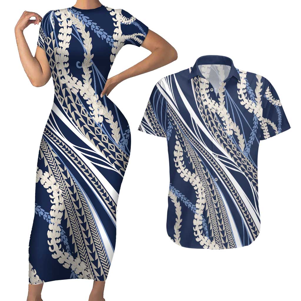 Polynesian Puakeniken Pikake Twisted Lei Couples Matching Short Sleeve Bodycon Dress and Hawaiian Shirt Navy Blue - Polynesian Pride