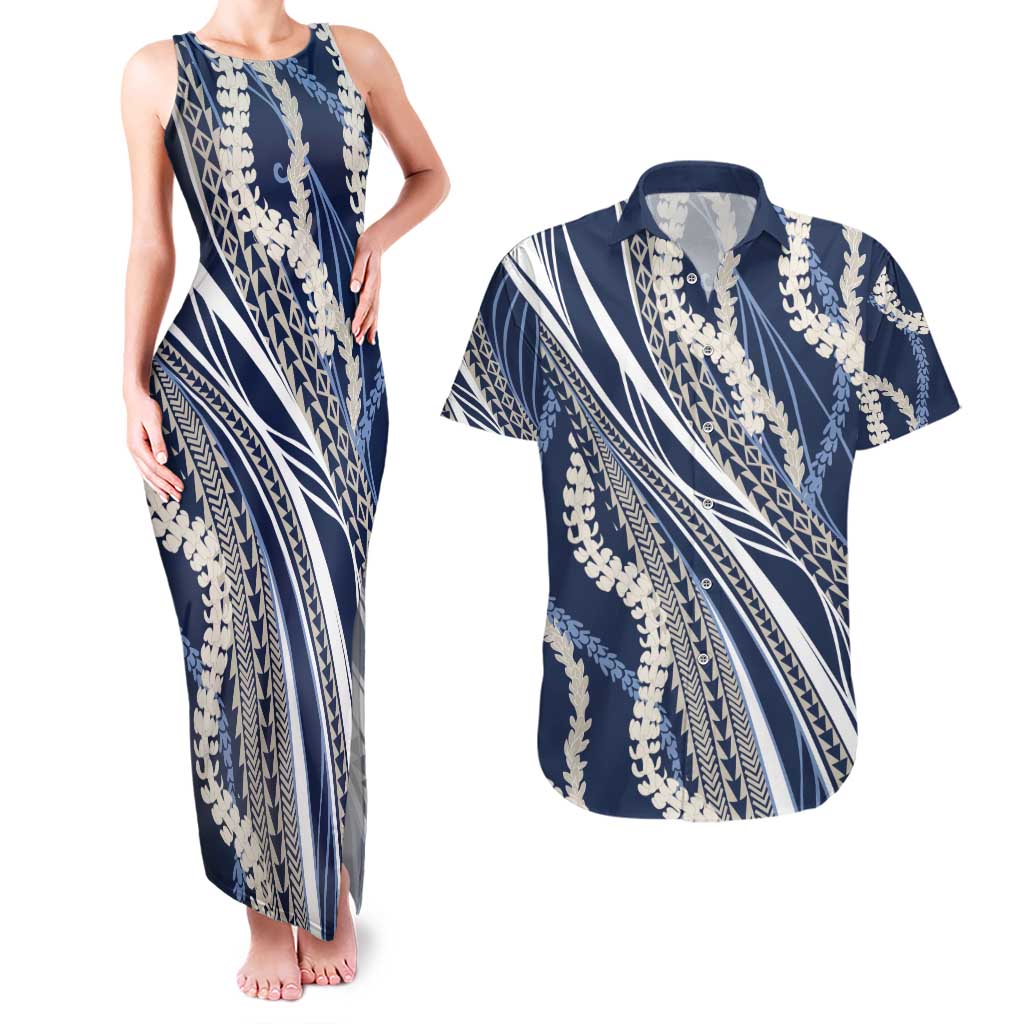 Polynesian Puakeniken Pikake Twisted Lei Couples Matching Tank Maxi Dress and Hawaiian Shirt Navy Blue - Polynesian Pride