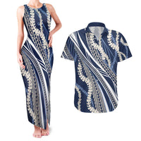 Polynesian Puakeniken Pikake Twisted Lei Couples Matching Tank Maxi Dress and Hawaiian Shirt Navy Blue - Polynesian Pride
