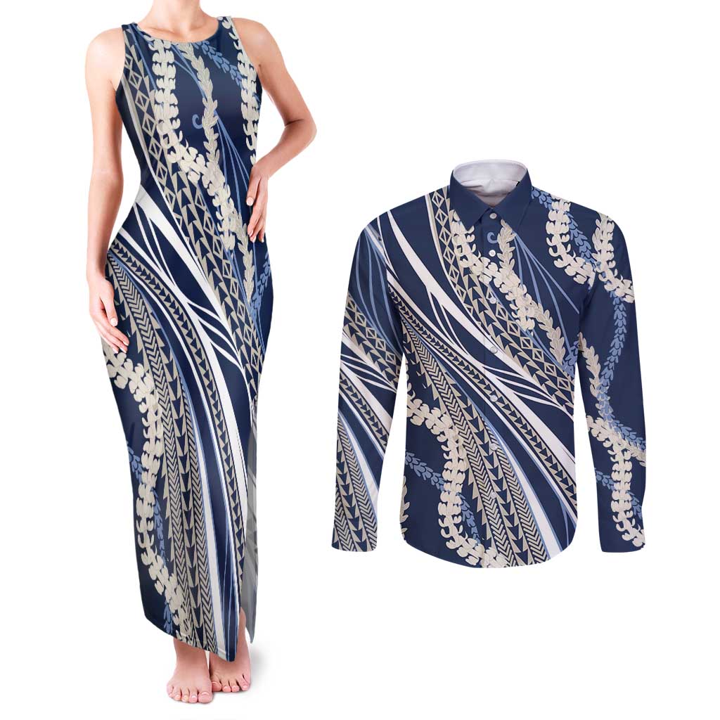 Polynesian Puakeniken Pikake Twisted Lei Couples Matching Tank Maxi Dress and Long Sleeve Button Shirt Navy Blue LT7 Navy Blue - Polynesian Pride