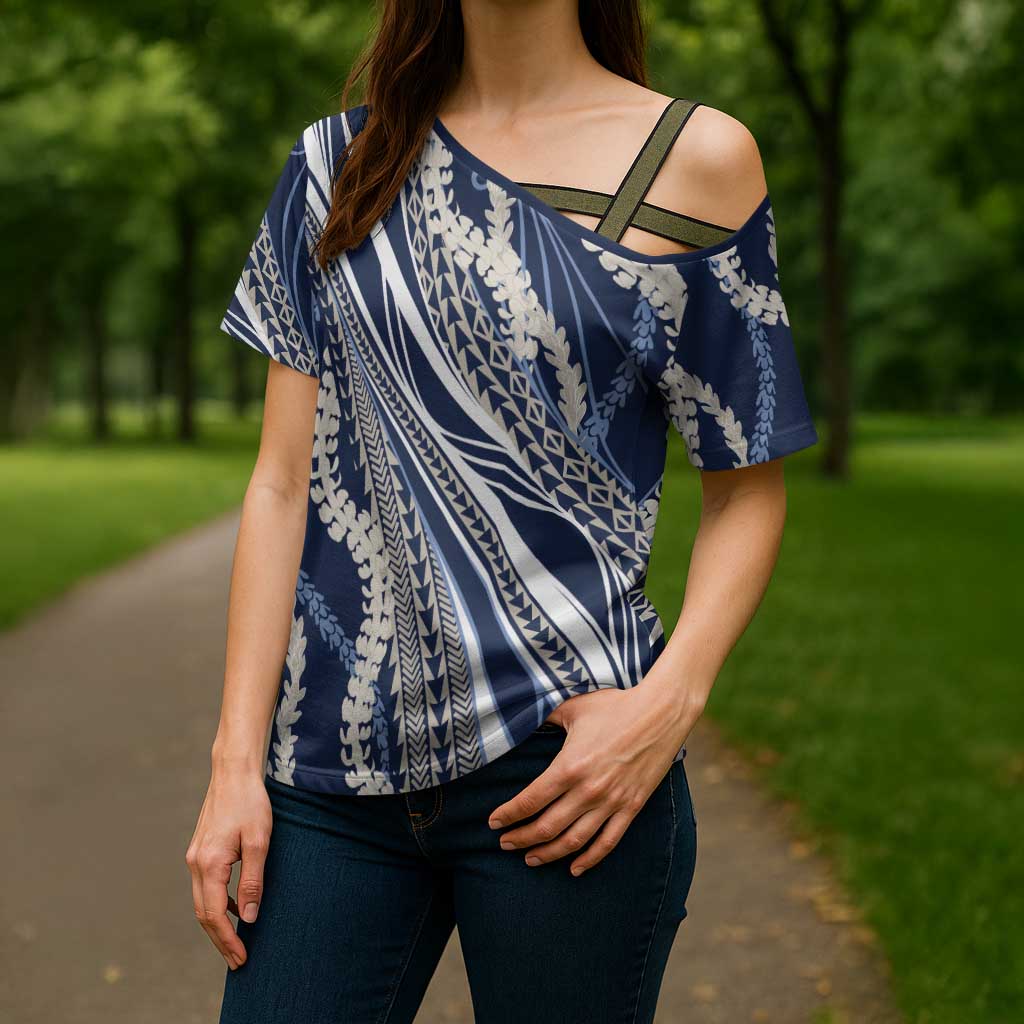 Polynesian Puakeniken Pikake Twisted Lei Cross Shoulder Shirt Navy Blue - Polynesian Pride