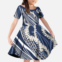 Polynesian Puakeniken Pikake Twisted Lei Family Matching Off The Shoulder Long Sleeve Dress and Hawaiian Shirt Navy Blue - Polynesian Pride