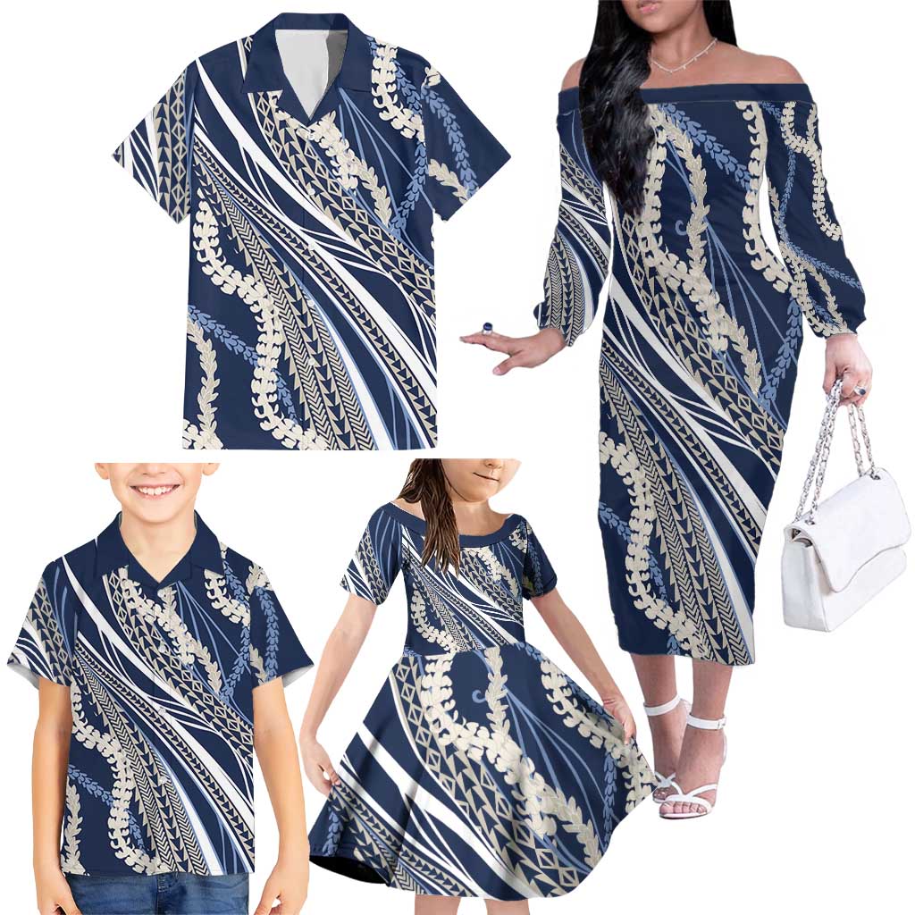 Polynesian Puakeniken Pikake Twisted Lei Family Matching Off The Shoulder Long Sleeve Dress and Hawaiian Shirt Navy Blue LT7 - Polynesian Pride