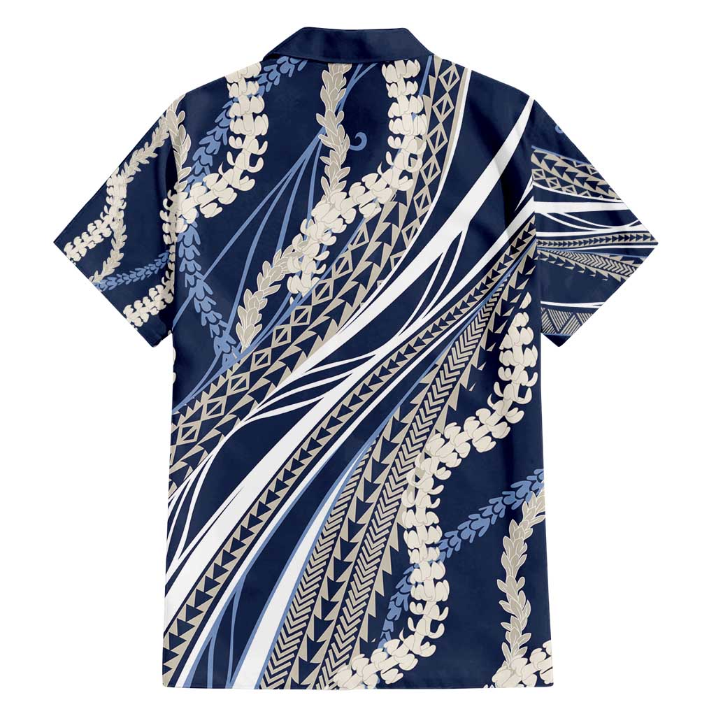 Polynesian Puakeniken Pikake Twisted Lei Family Matching Off Shoulder Maxi Dress and Hawaiian Shirt Navy Blue - Polynesian Pride
