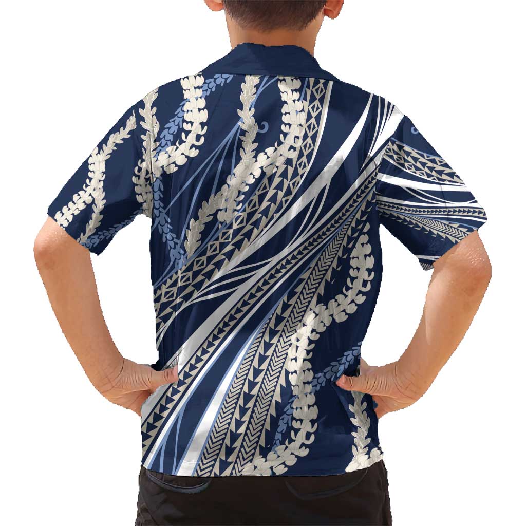 Polynesian Puakeniken Pikake Twisted Lei Family Matching Off Shoulder Short Dress and Hawaiian Shirt Navy Blue - Polynesian Pride