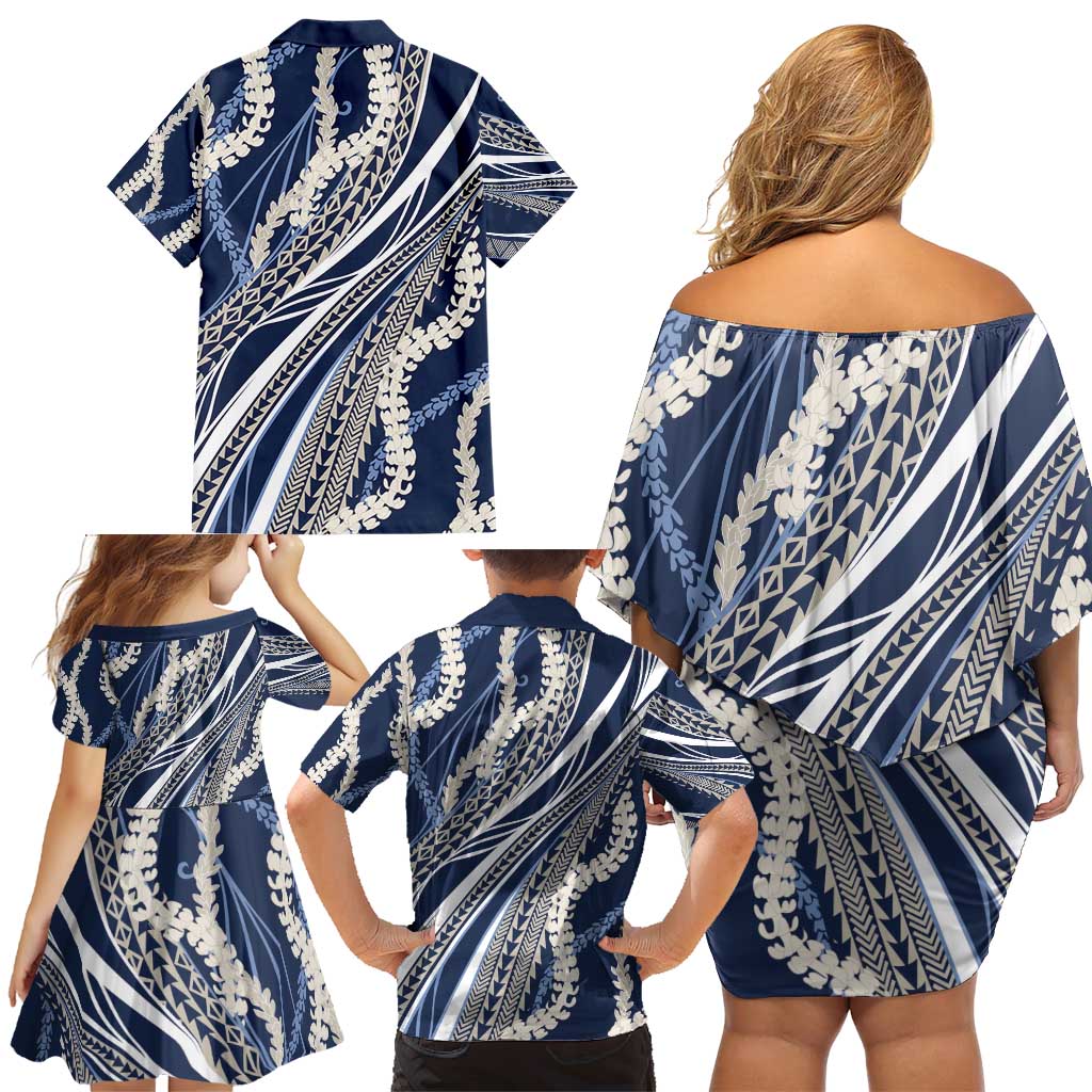 Polynesian Puakeniken Pikake Twisted Lei Family Matching Off Shoulder Short Dress and Hawaiian Shirt Navy Blue - Polynesian Pride