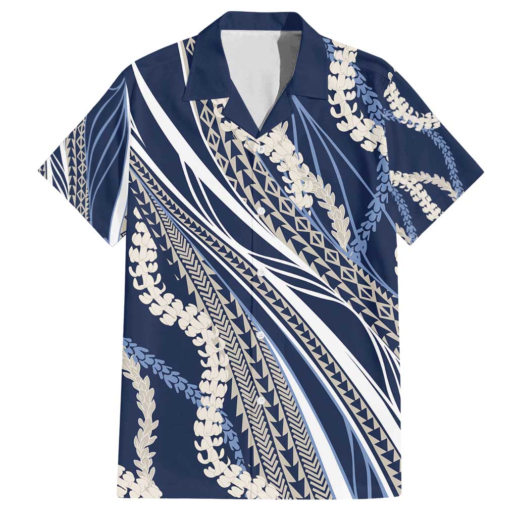 Polynesian Puakeniken Pikake Twisted Lei Family Matching Off Shoulder Short Dress and Hawaiian Shirt Navy Blue - Polynesian Pride