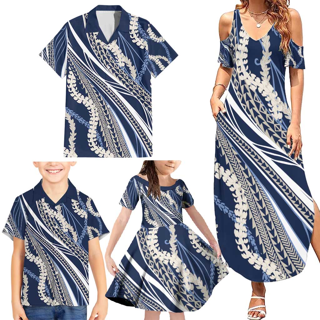 Polynesian Puakeniken Pikake Twisted Lei Family Matching Summer Maxi Dress and Hawaiian Shirt Navy Blue - Polynesian Pride