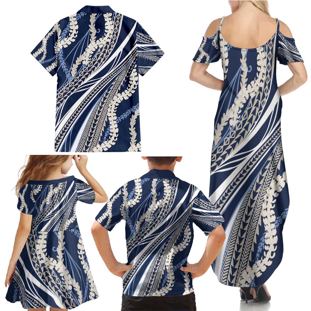 Polynesian Puakeniken Pikake Twisted Lei Family Matching Summer Maxi Dress and Hawaiian Shirt Navy Blue - Polynesian Pride
