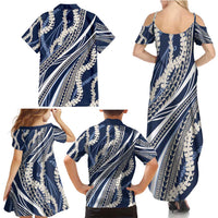 Polynesian Puakeniken Pikake Twisted Lei Family Matching Summer Maxi Dress and Hawaiian Shirt Navy Blue - Polynesian Pride